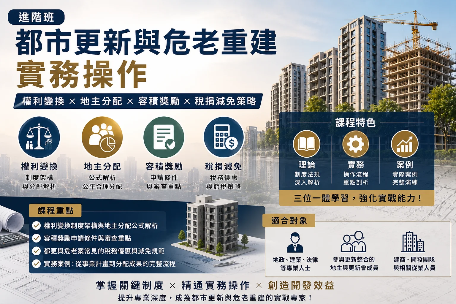 進階班(2天,8小時)權利變換與地主分配、容積獎勵與稅捐減免 進階班(2天,8小時)權利變換與地主分配、容積獎勵與稅捐減免